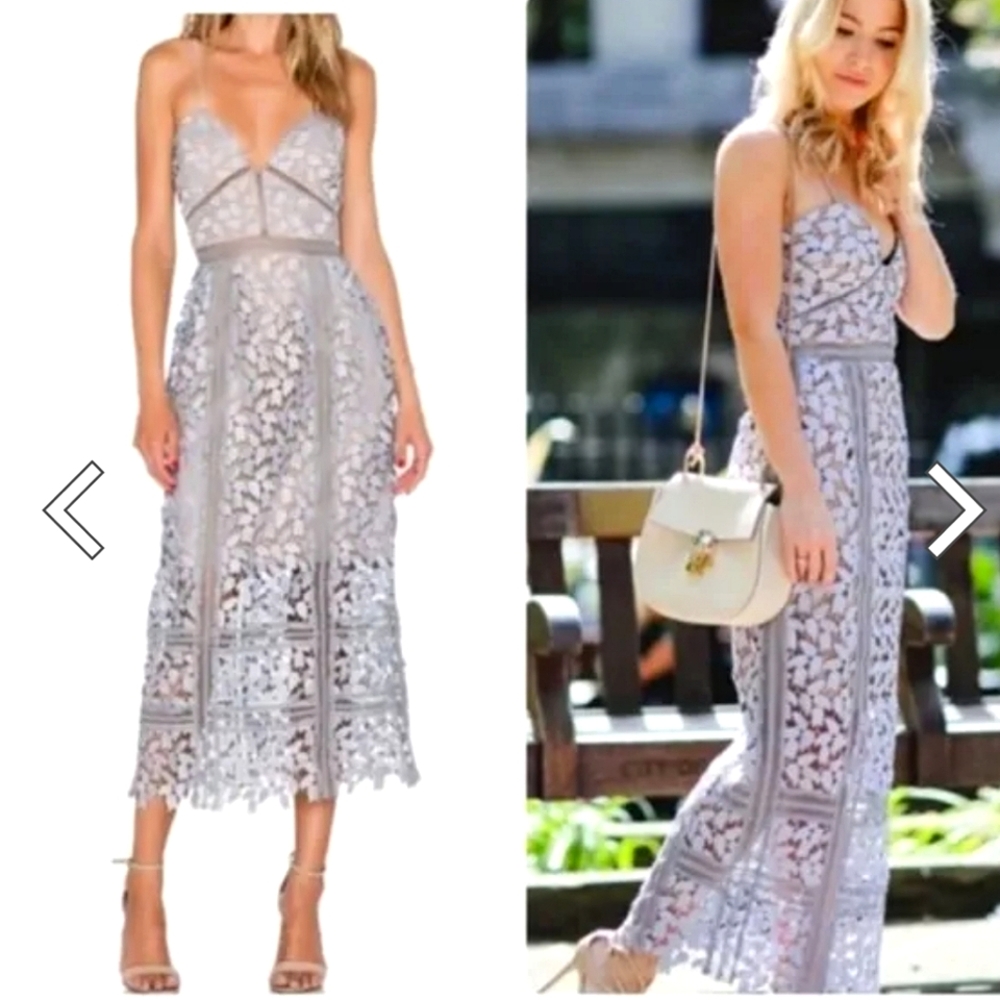 Elliatt Dusty Blue Nwot Embroidered Lace over Nude Slip Midi/Maxi Dress